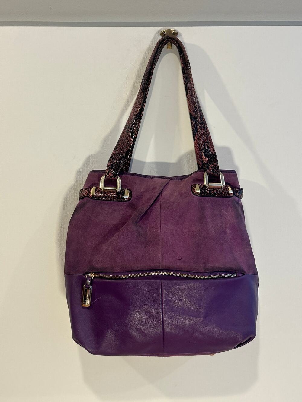 B. Makowsky Y2K Purple Suede Leather Snakeskin Shoulder Bag Tote Handbag